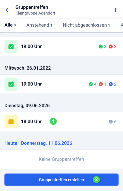 Screenshot Gruppentreffen auswählen oder neu erstellen