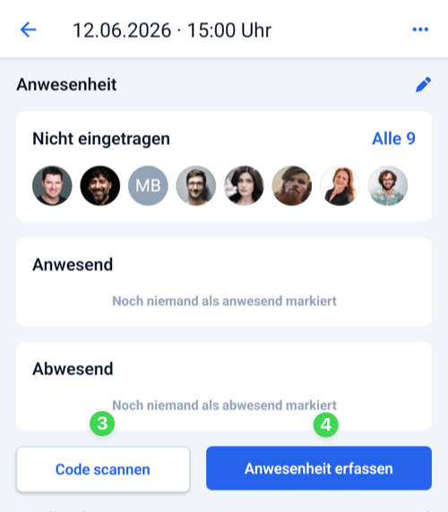 Screenshot Buttons Code scannen und Anwesenheit erfassen