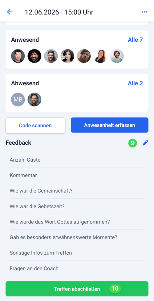 Screenshot Feedback hinterlegen und Treffen abschließen