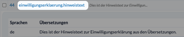 Screenshot Key in den Übersetzungen