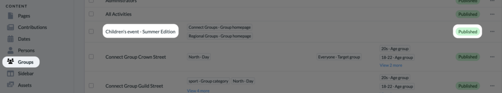 Screenshot Website Groups Published