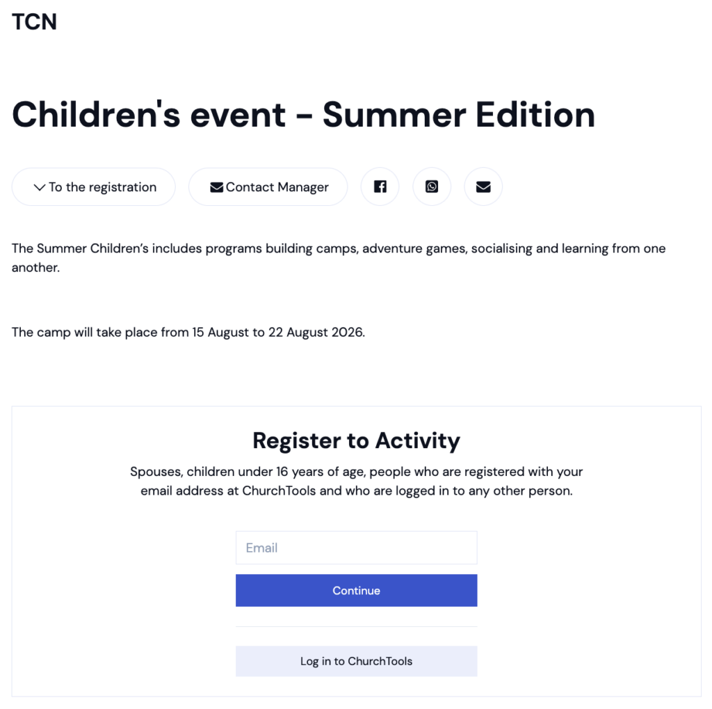 Screenshot Website Published public group with registration