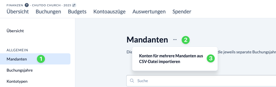 Screenshot Kontextmenü zu Mandanten in den Stammdaten im Modul Finanzen