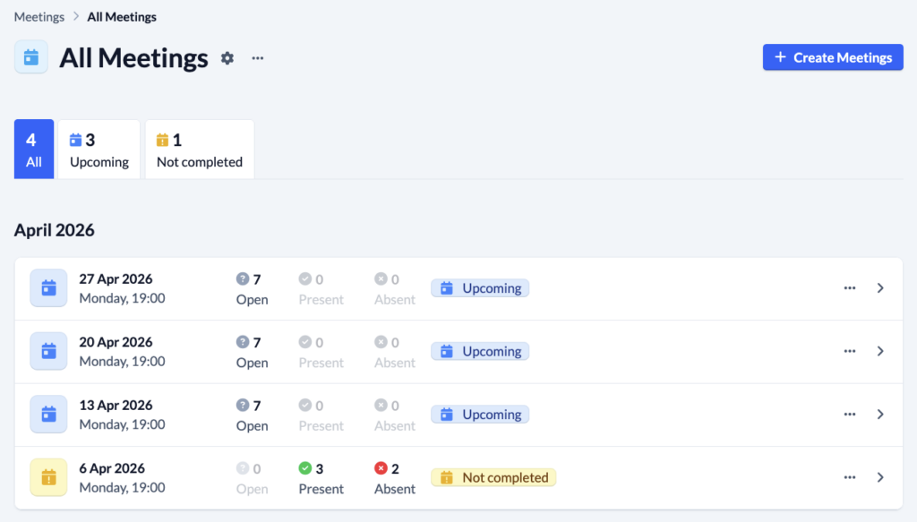 Screenshot Groups Meetings All Meetings