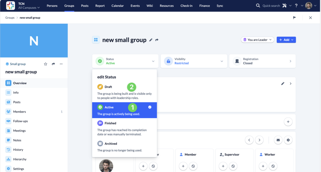 Screenshot Groups Overview Status change to draft