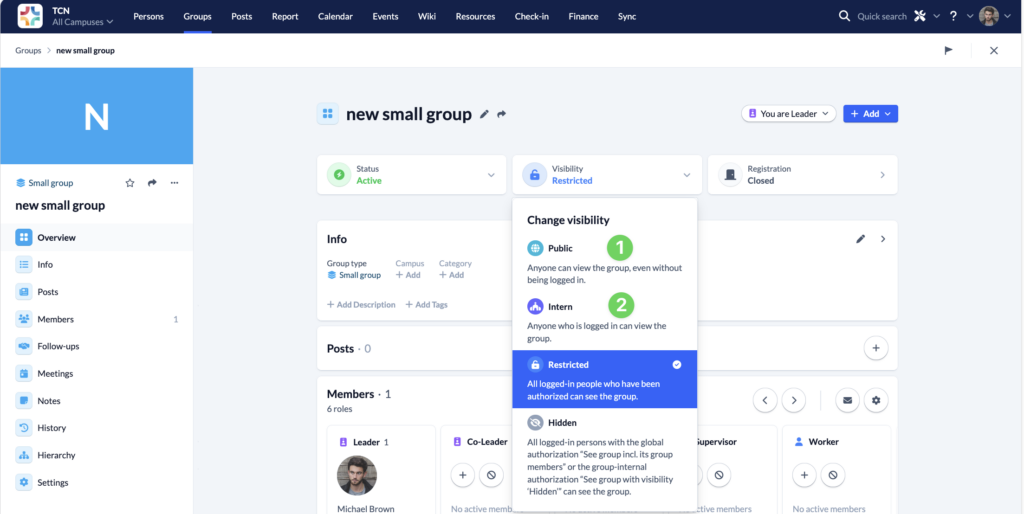 Screenshot Groups Overview Visibility change to internal