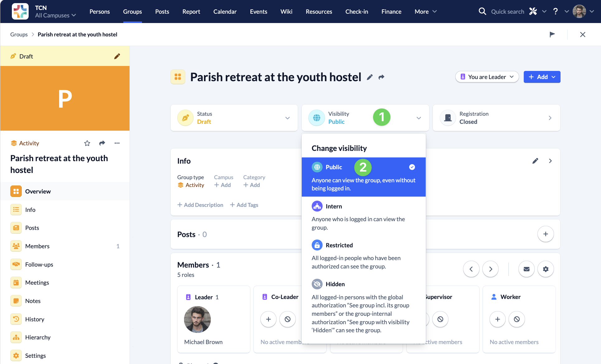 Screenshot of setting group visibility to public