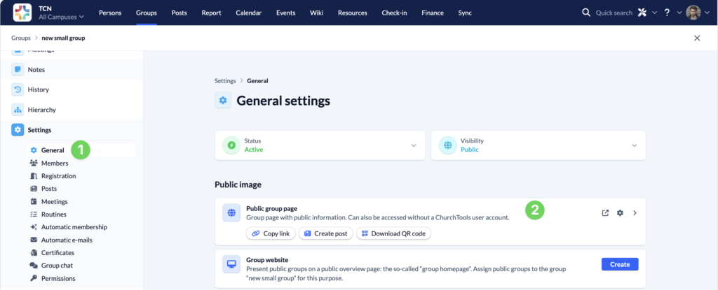 Screenshot Groups Settings General settings Public group page