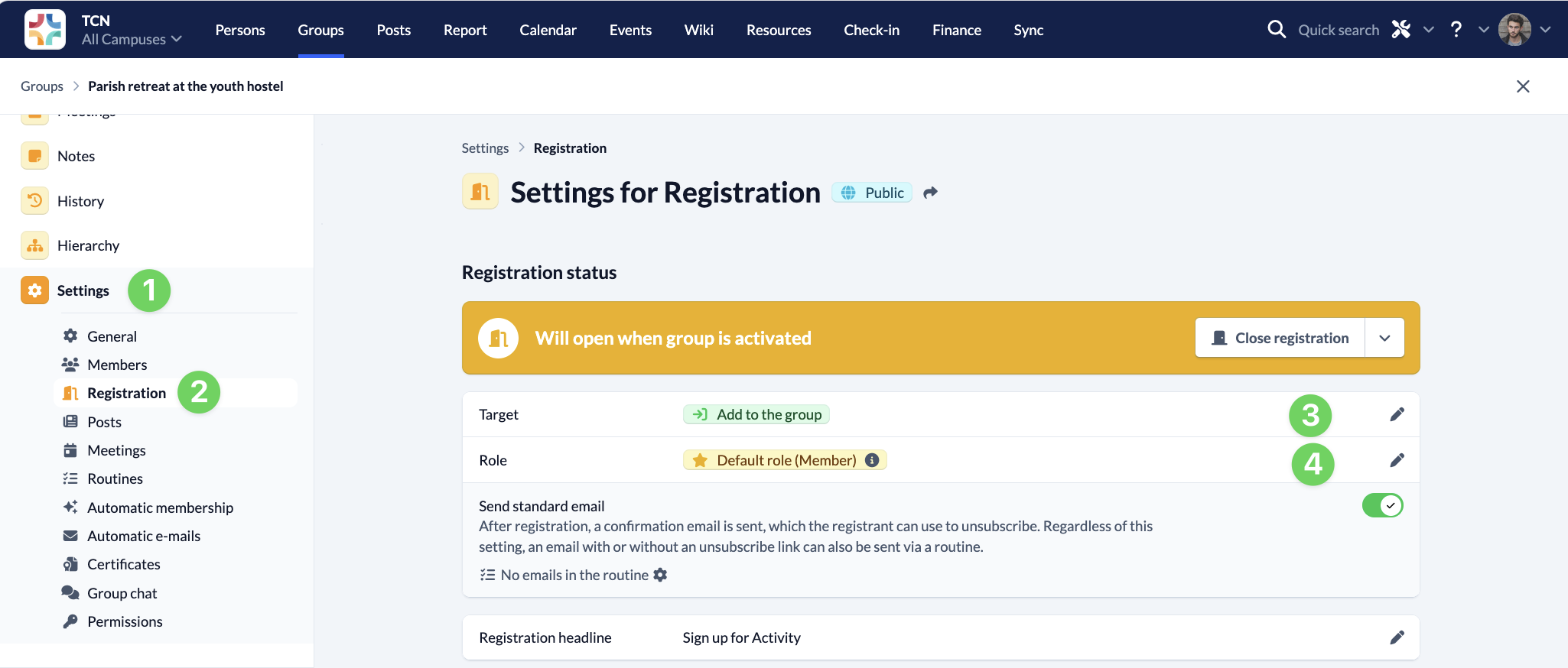Screenshot Groups Settings Registration Settings for Registration