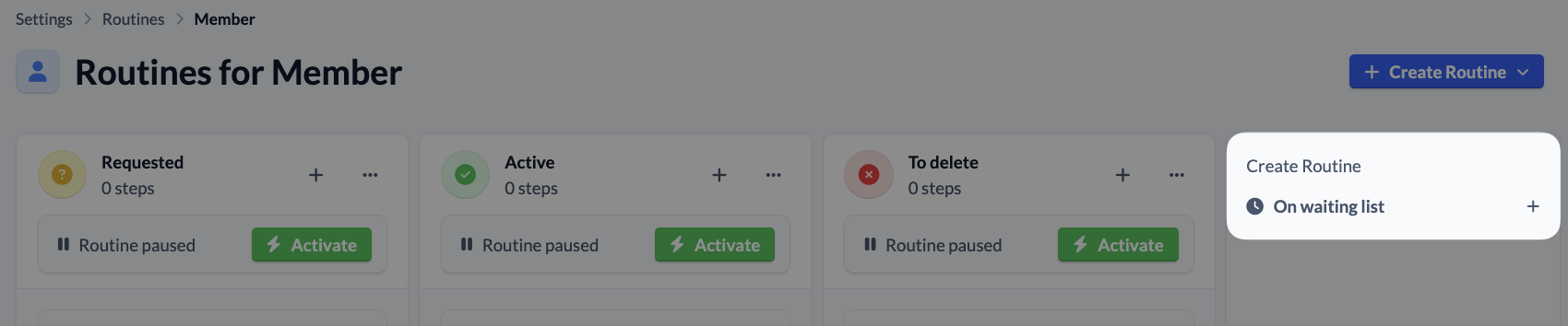 Groups - Settings - Routines - Create Routine for a new status