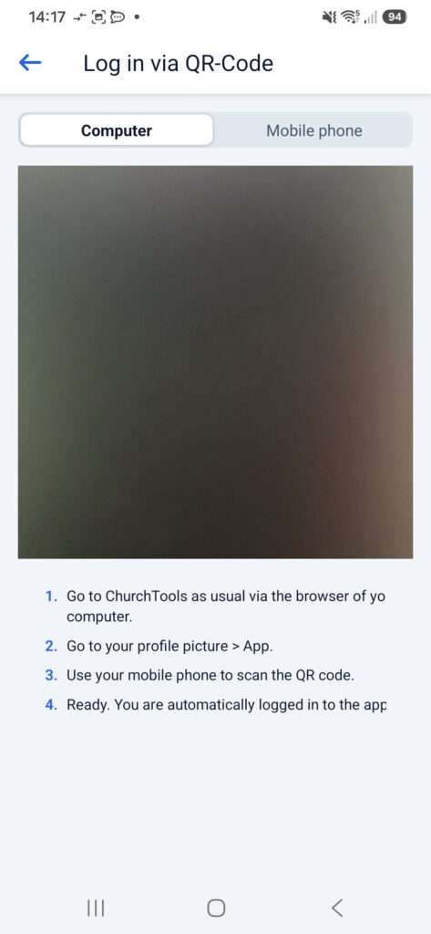 Screenshot App Login in via QR-Code