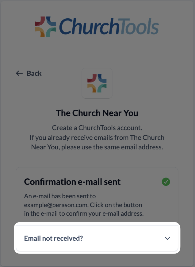 Screenshot ChurchTools sign in Note No email received