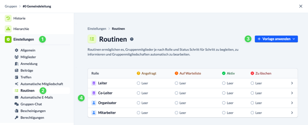 Screenshot Routinen aufrufen und Vorlagen anwenden oder Rolle auswählen