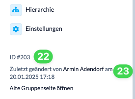 Screenshot ID und letztes Änderungsdatum auf der linken Seite einer einzelnen Gruppe