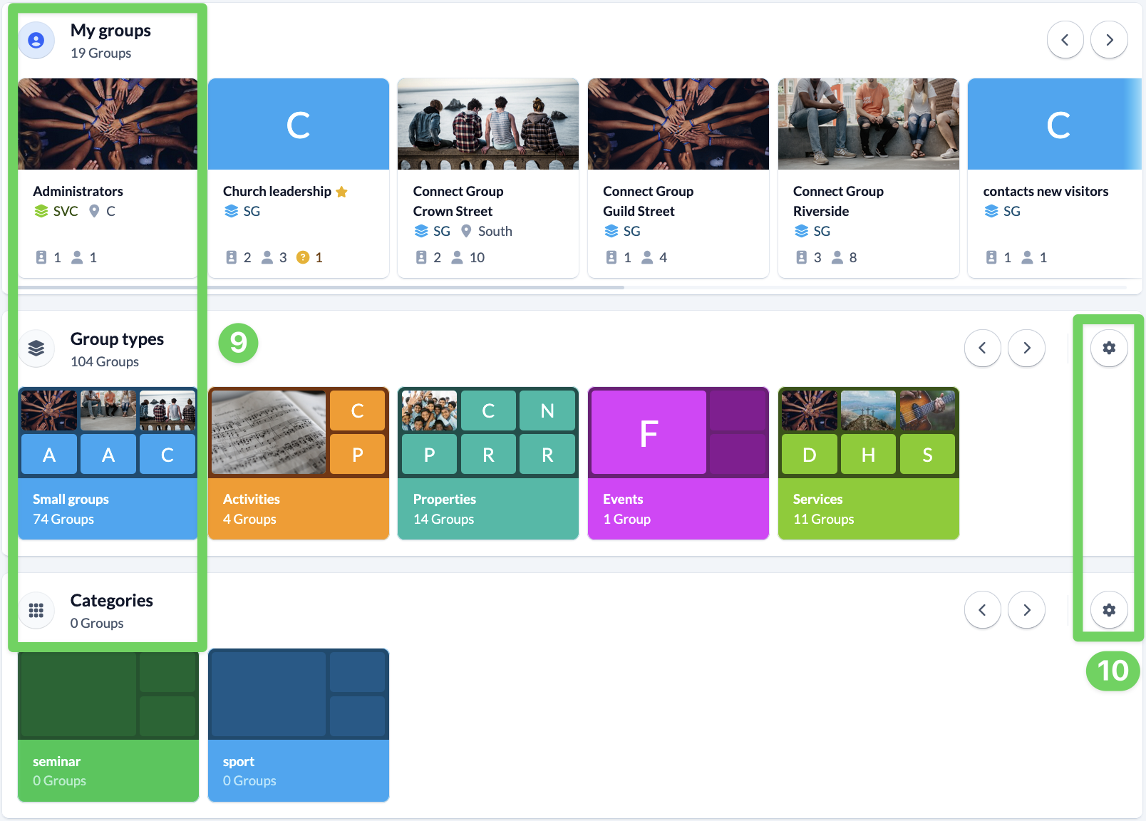 Screenshot Groups Overview My groups Group types Categories cogwheels