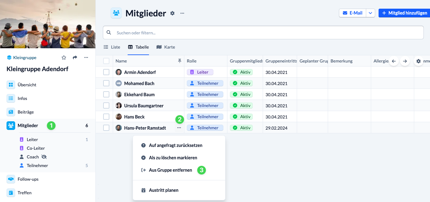 Screenshot Gruppenmitglied über das Kontextmenü entfernen