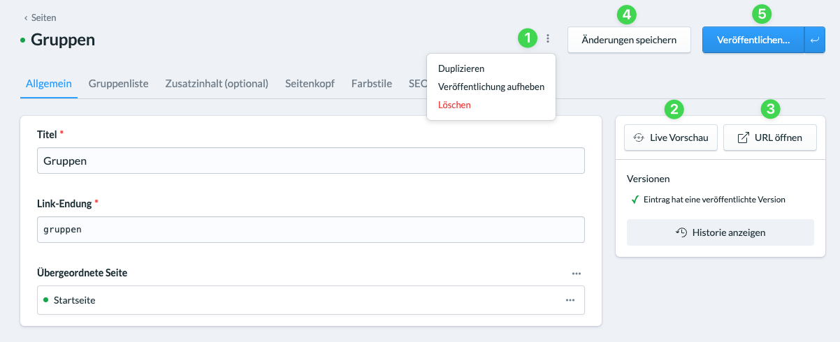 Screenshot Menüoptionen einer bereits gespeicherten Seite