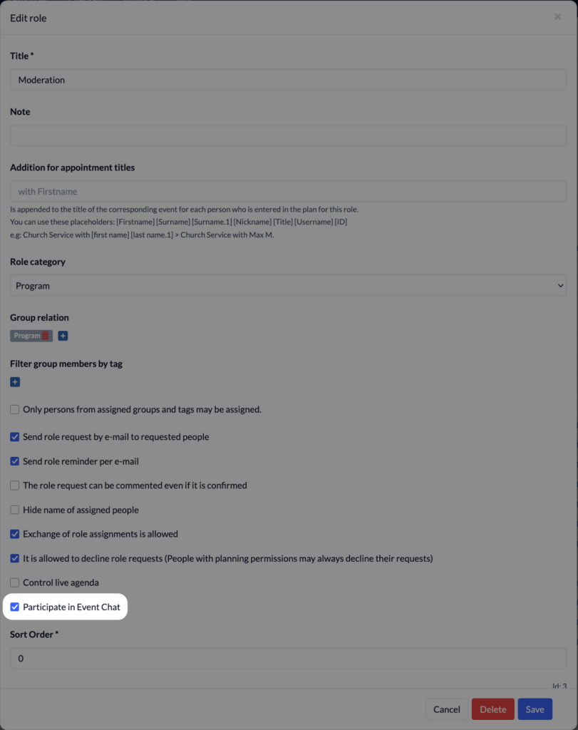 Screenshot Events Master data Edit role