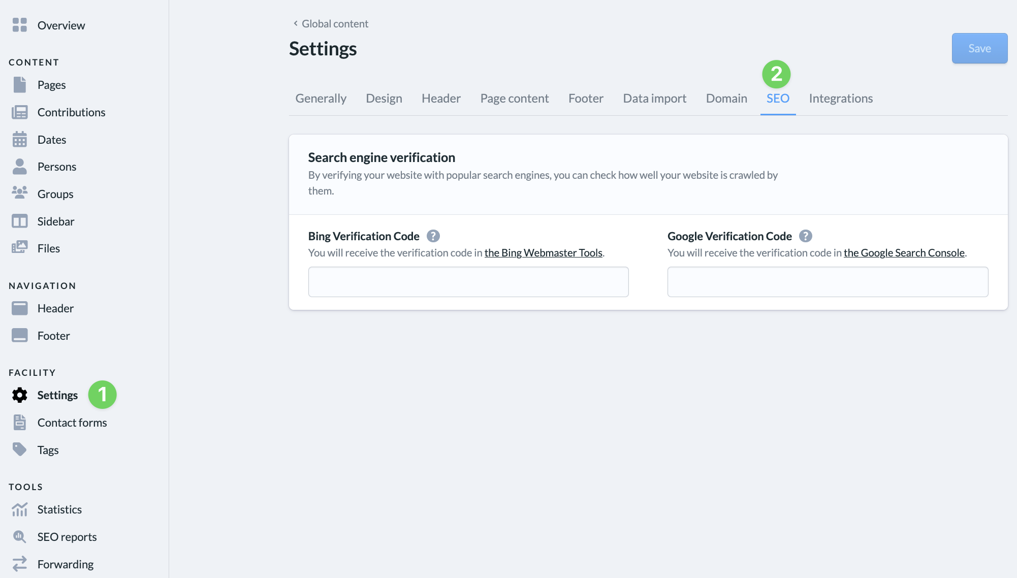Screenshot Website Administration Facility Settings SEO
