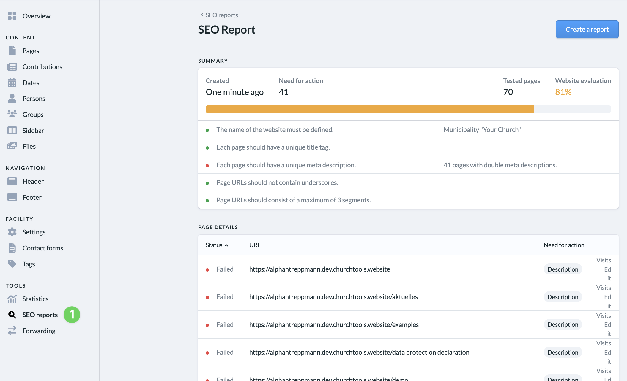 Screenshot Website Administration Tools SEO reports