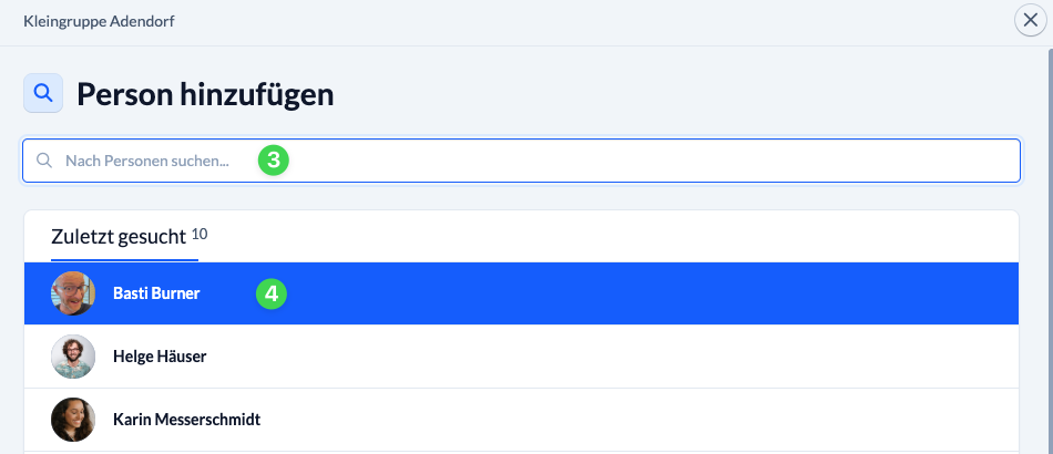 Screenshot Person zum Hinzufügen auswählen