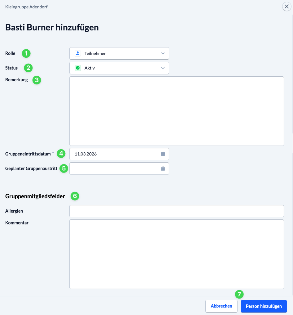 Screenshot Detail Person zu einer Gruppe hinzufügen