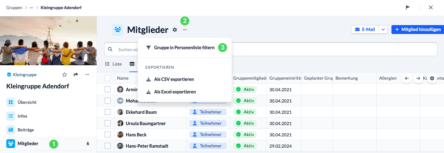 Screenshot Gruppe in der Personenliste filtern