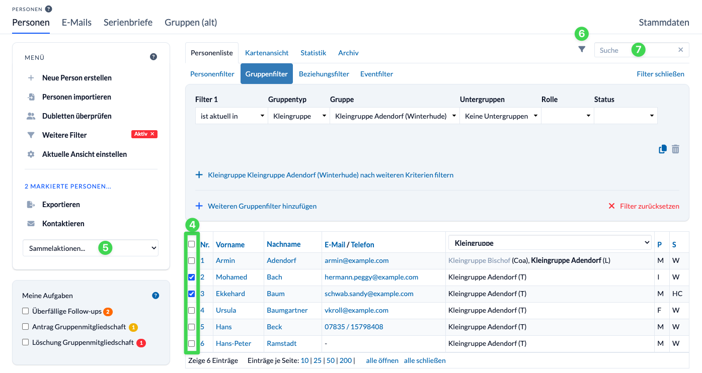 Screenshot Sammelaktionen für markierte Gruppenmitglieder in der Personenliste