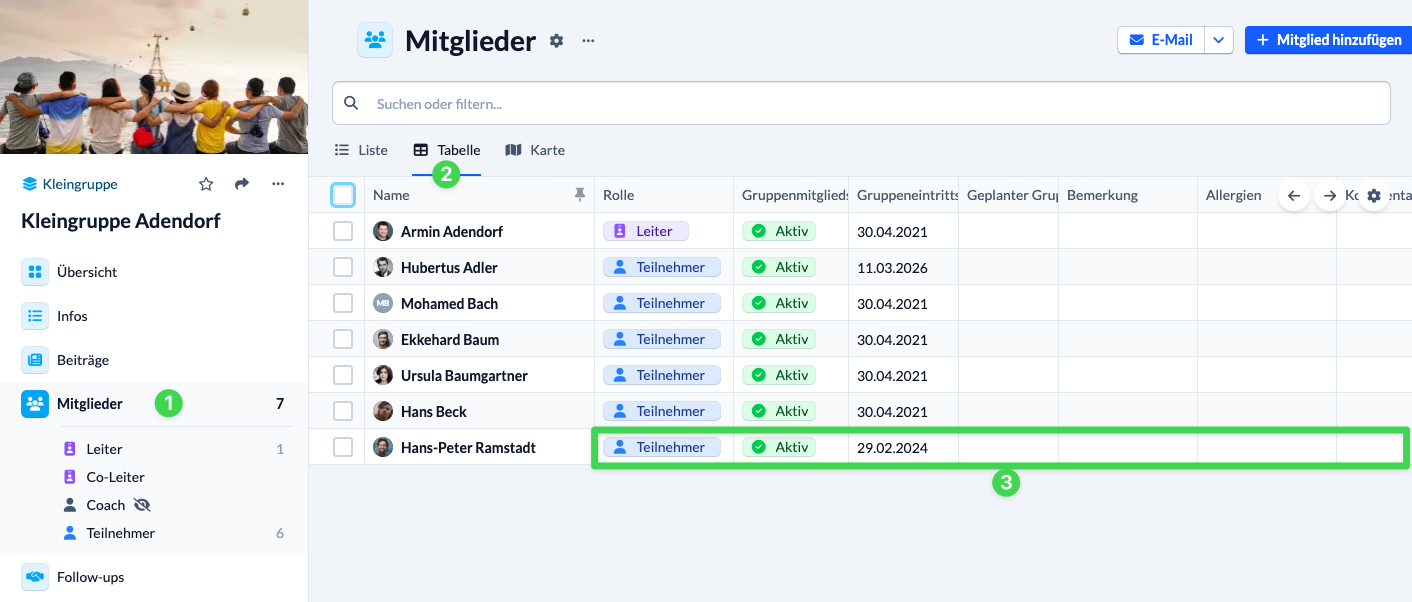 Screenshot Gruppenmitgliedschaft einer Person in der Mitgliederliste bearbeiten