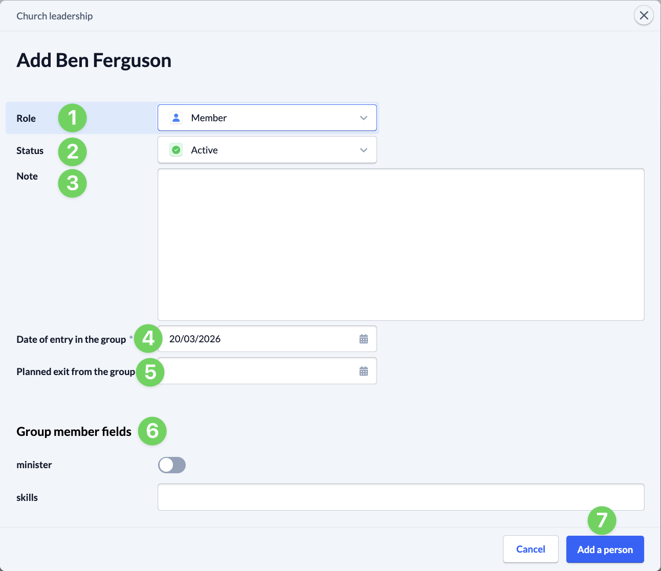 Screemshot Groups Members Add a person formular
