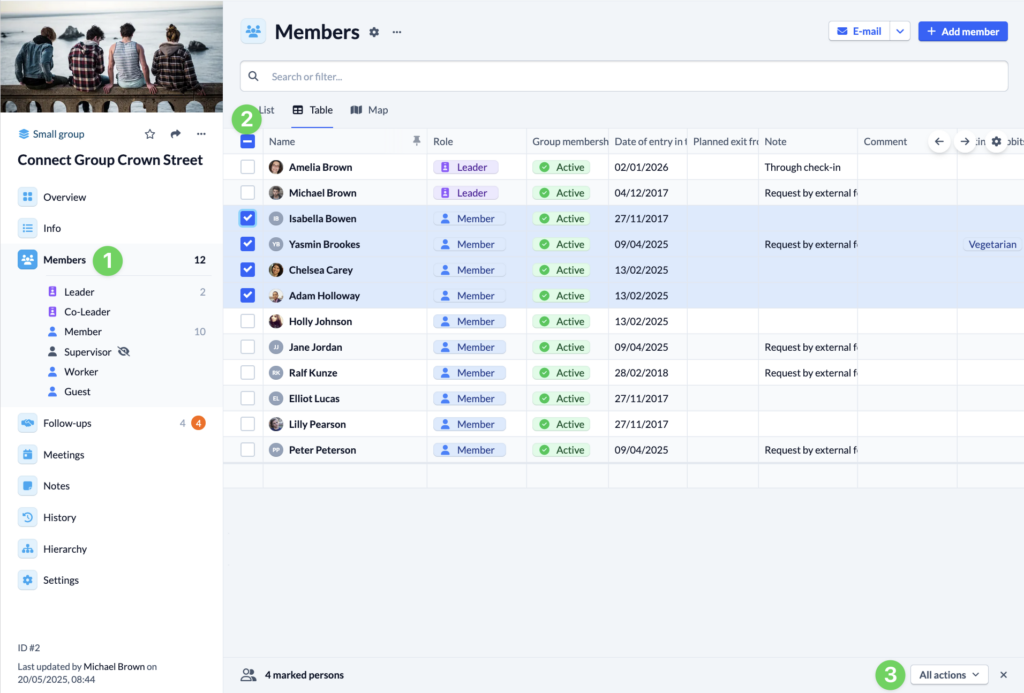 Screenshot Groups Members List All actions for marked persons