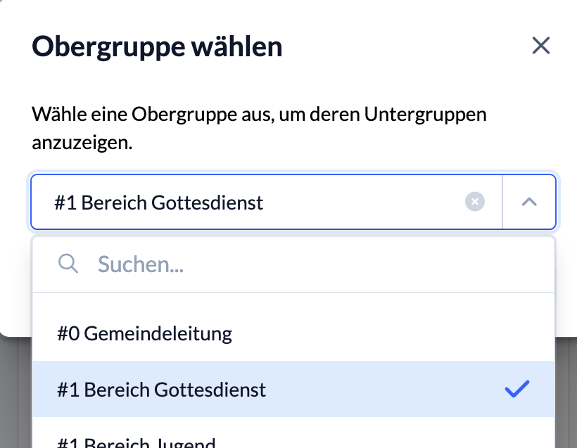 Screenshot Check-in Obergruppe auswählen