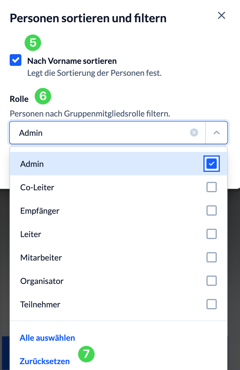 Check-in Personenliste Zahnrad-Menü