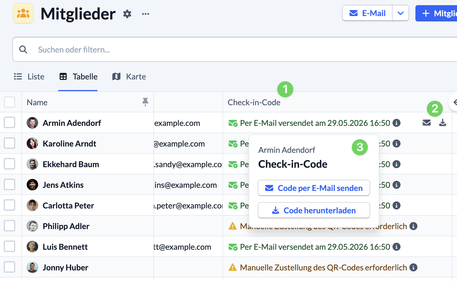 Screenshot Gruppenmitgliederliste Spalte Check-in