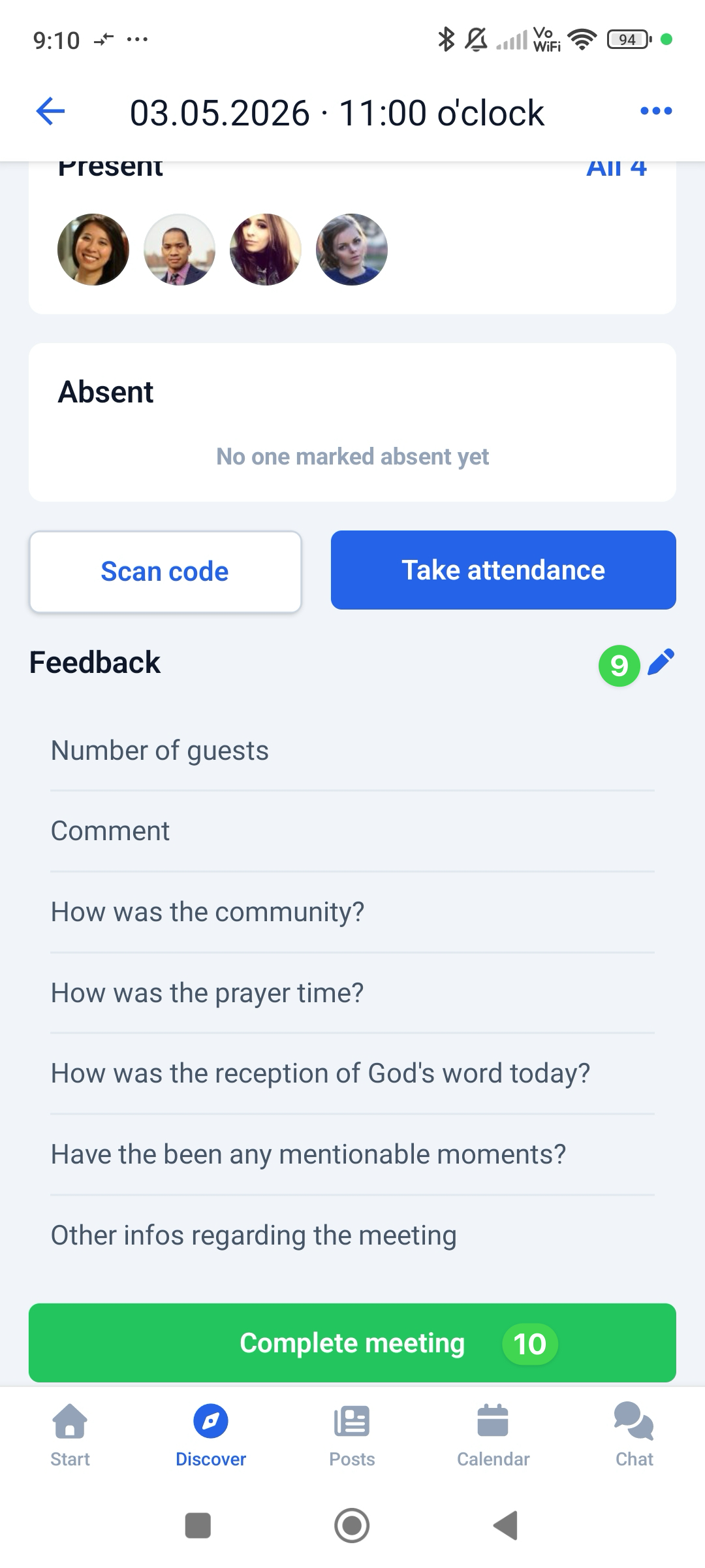 Screenshot App Feedback Complete meeting