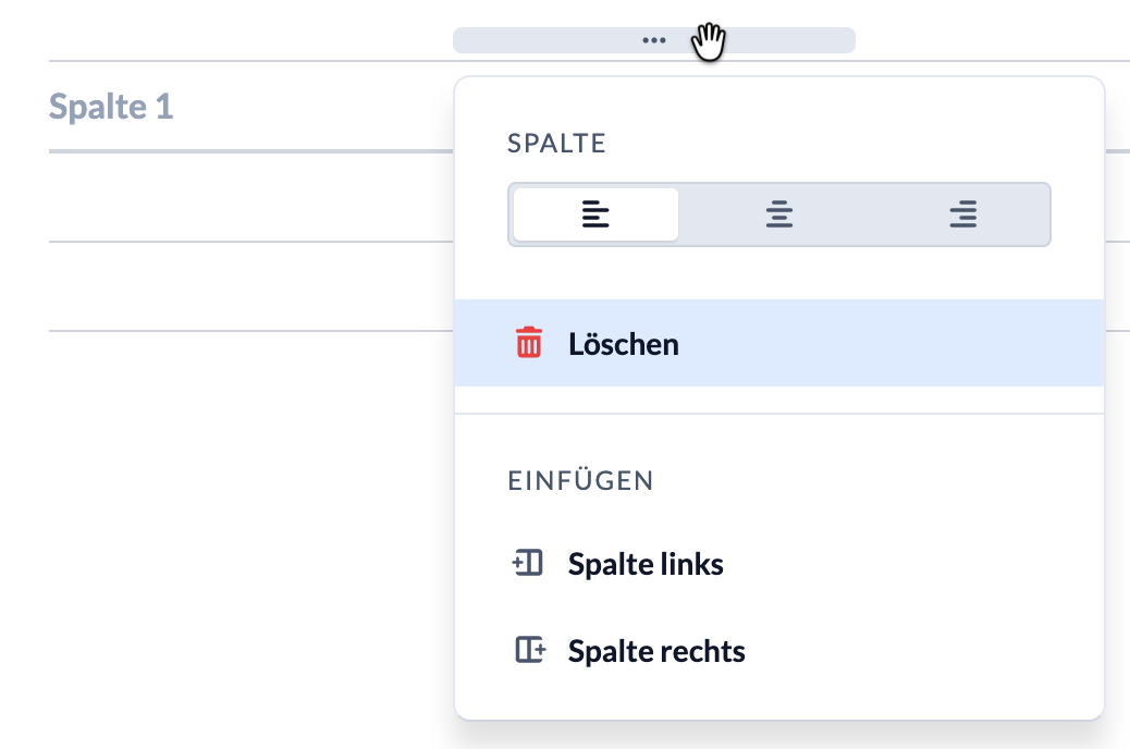 Screenshot of the Markdown Editor Table in Standard View, Columns Menu