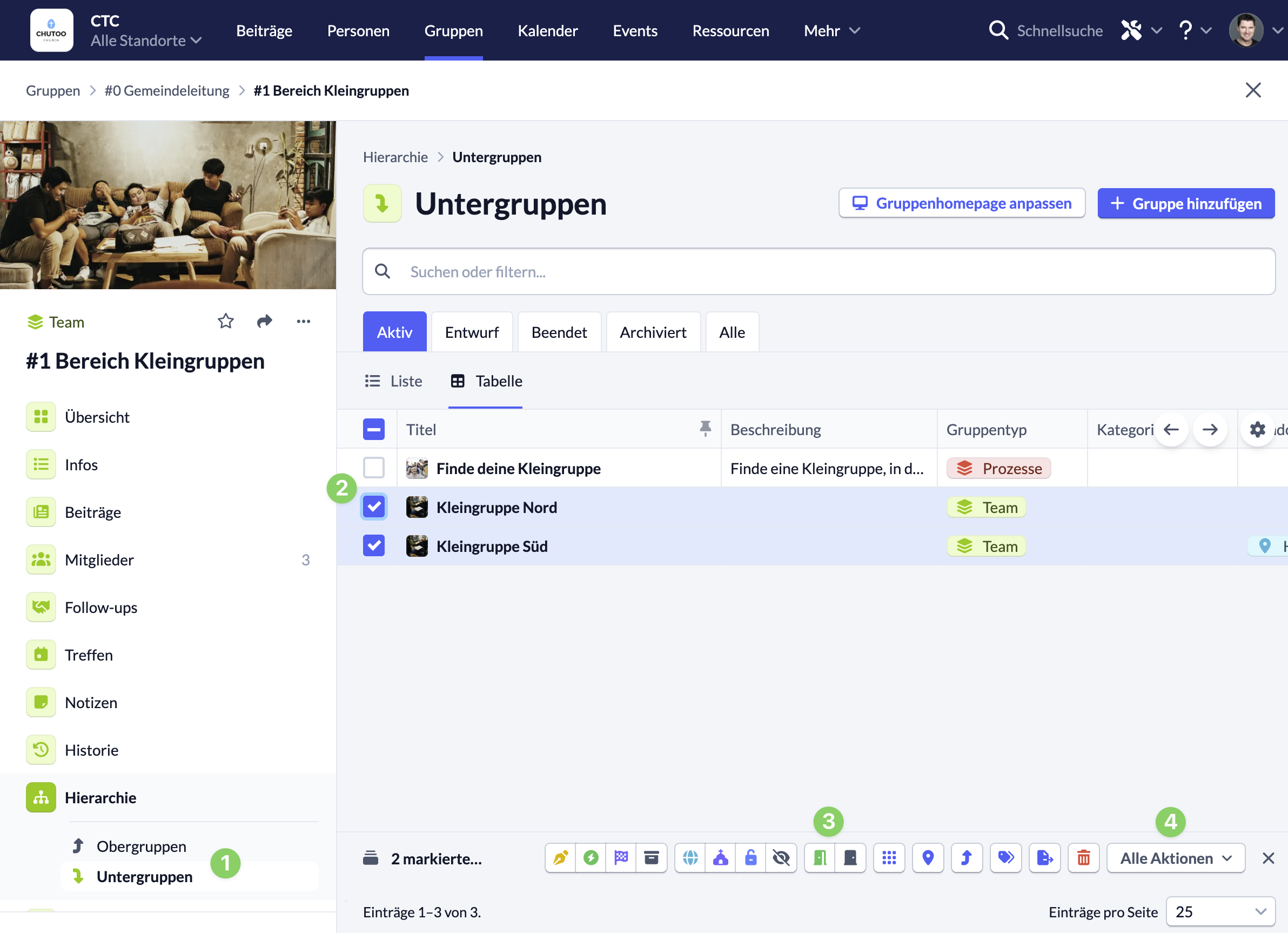 Screenshot Gruppen Sammelaktionen