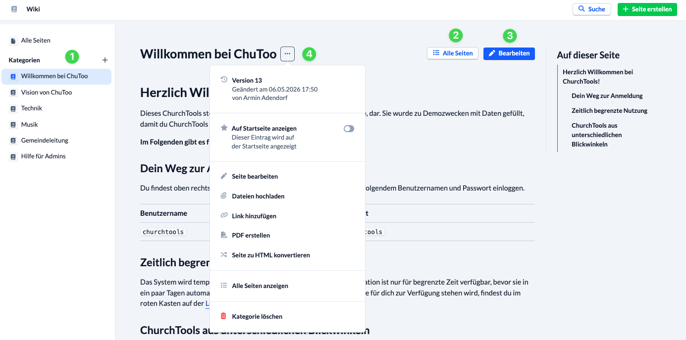Screenshot: Kategorien und Seiten im Wiki-Modul