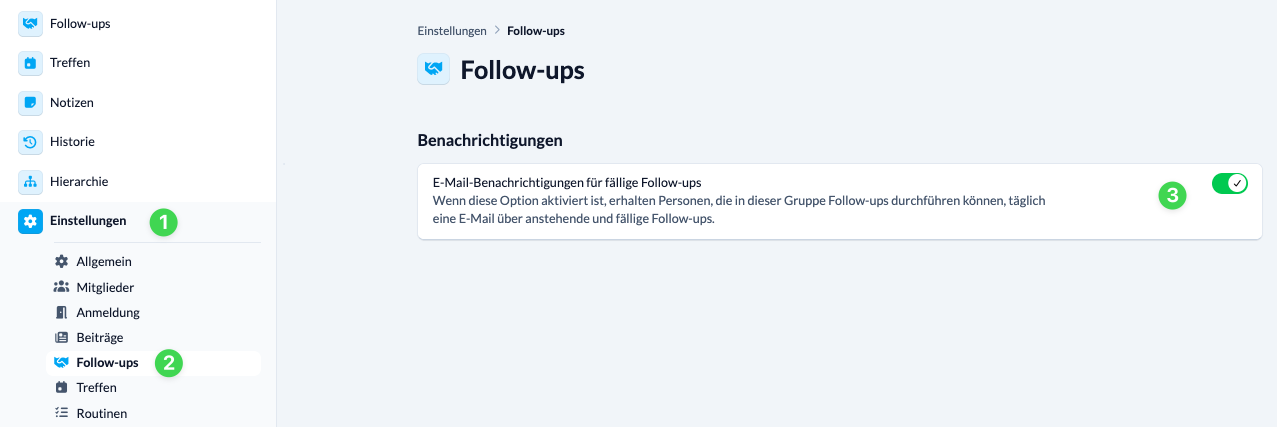 Screenshot: E-Mail-Benachrichtigungen für fällige Follow-ups über den Schalter aktivieren bzw. deaktivieren
