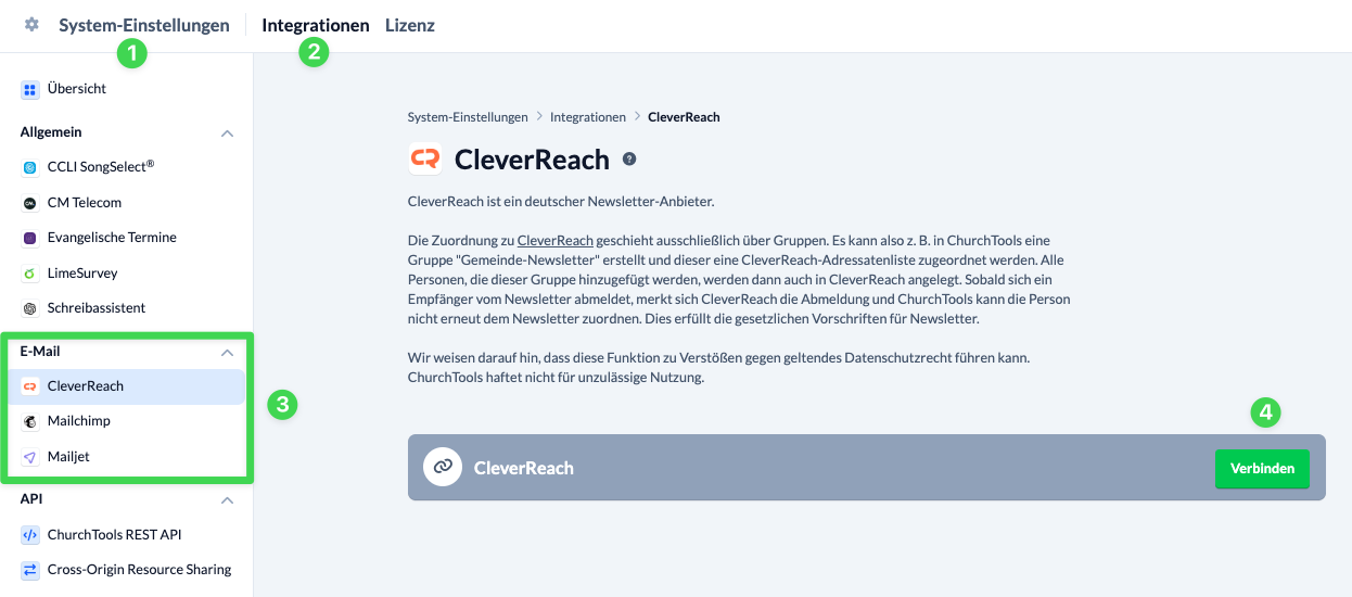 Screenshot Newsletter-Integration mit ChurchTools über die System-Einstellungen verbinden