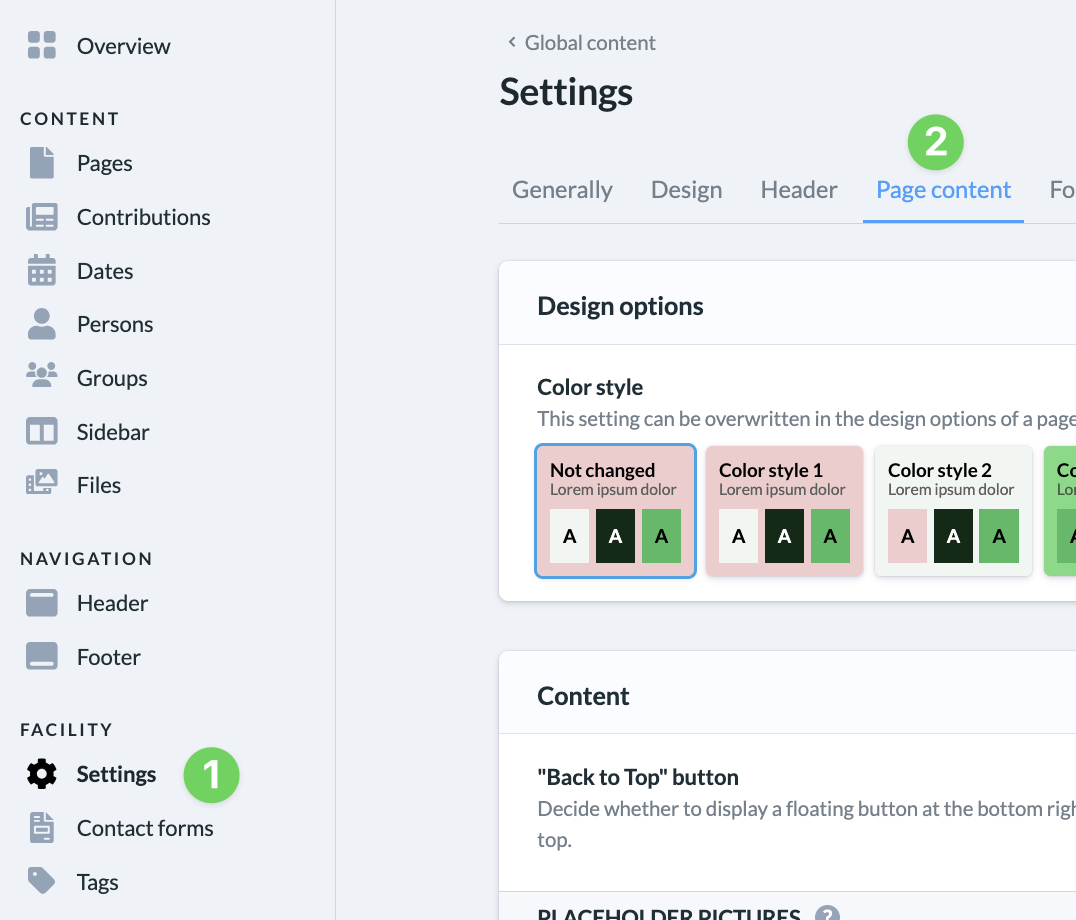 Screenshot Website Settings Page content