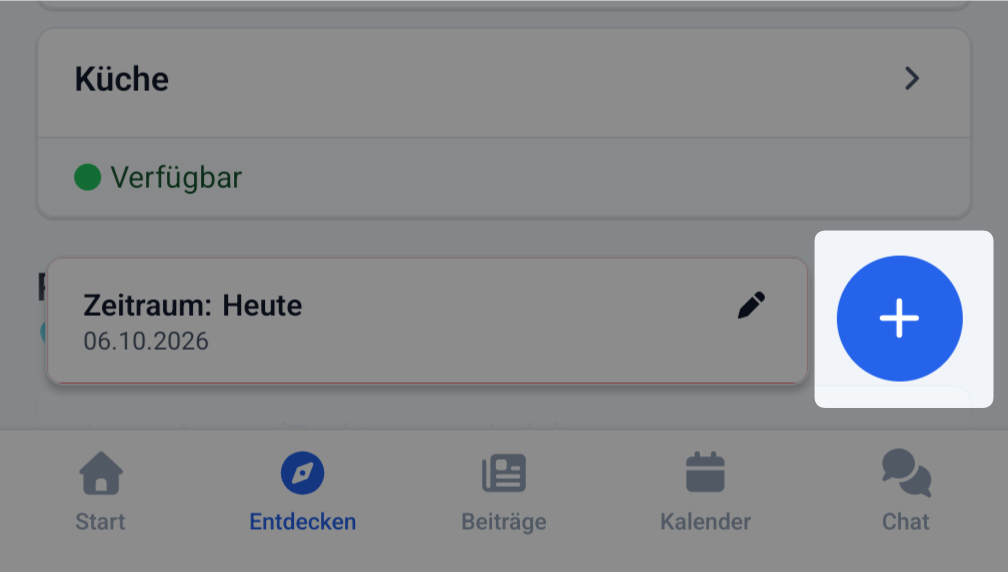 Screenshot Neue Buchungsanfrage erstellen über den blauen Plus-Button unten rechts in der Ecke