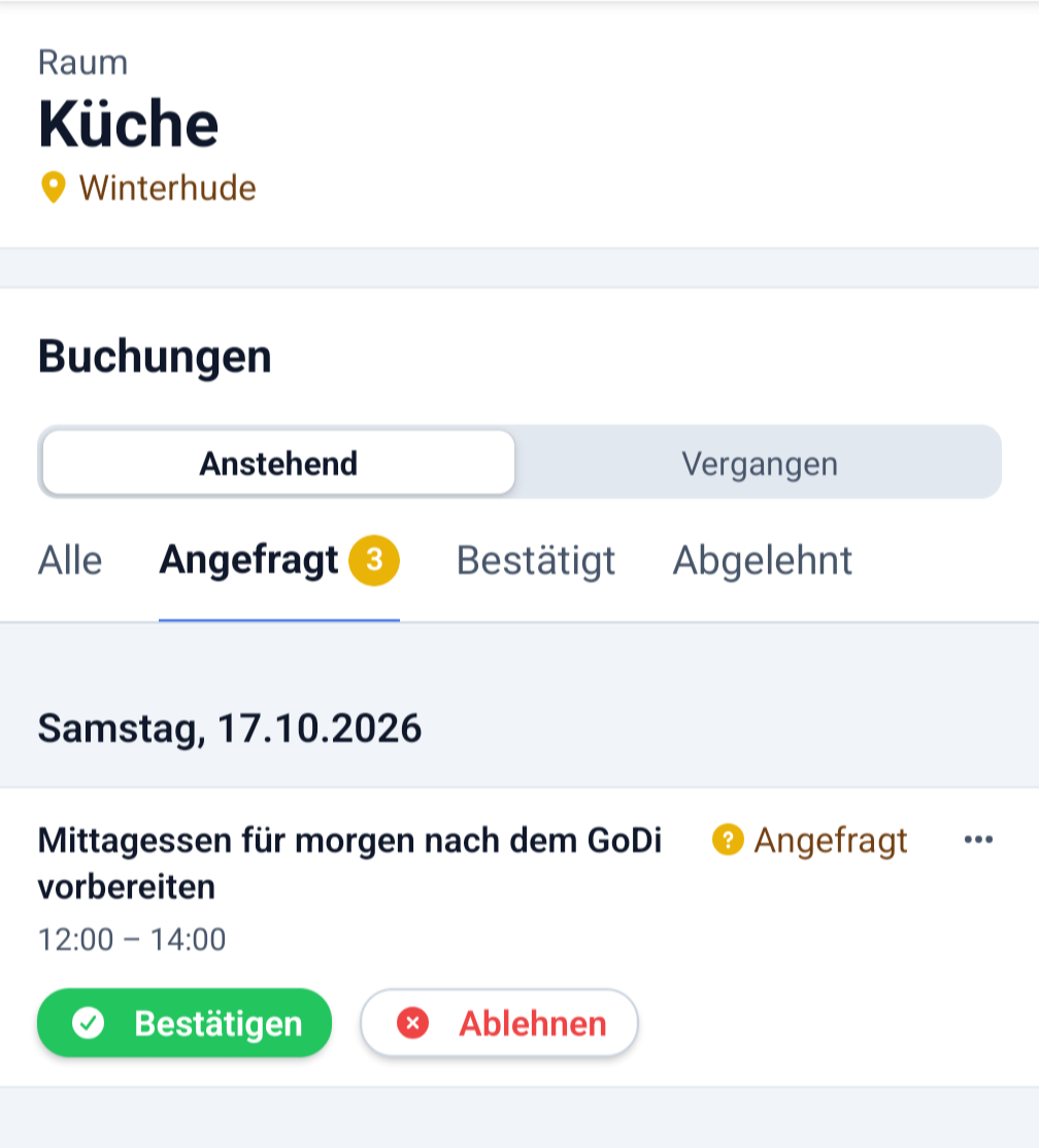 Screenshot Buchungsübersicht einer Ressource in der App, gefiltert nach dem Status "Angefragt"