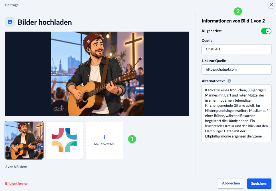 Screenshot Bilder für Beiträge bearbeiten; mit Hochladen, KI-Generierung, Quellenangaben und Alternativtext