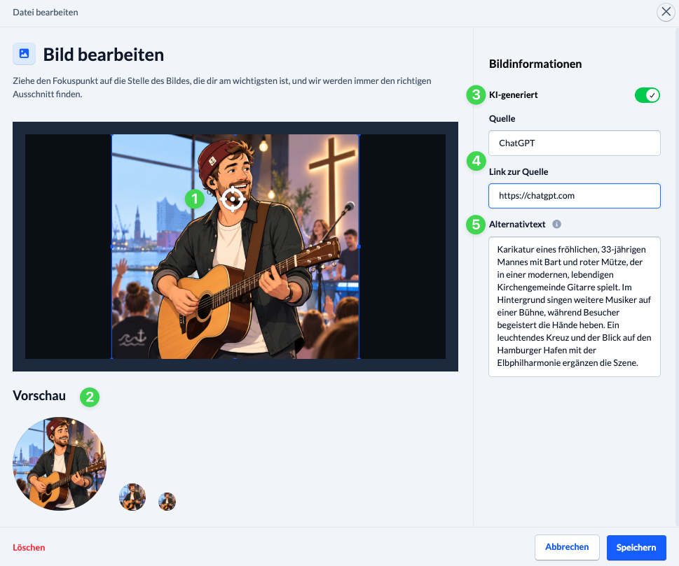 Screenshot Bild für Person, Gruppe oder Kalender bearbeiten; mit Fokuspunkt und Vorschau, KI-Generierung, Quellenangaben und Alternativtext