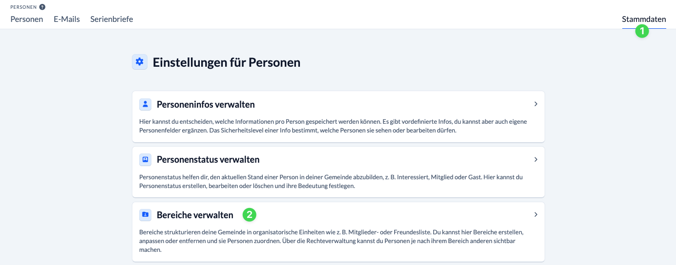Screenshot Einstellungen für Bereiche in den Stammdaten aufrufen