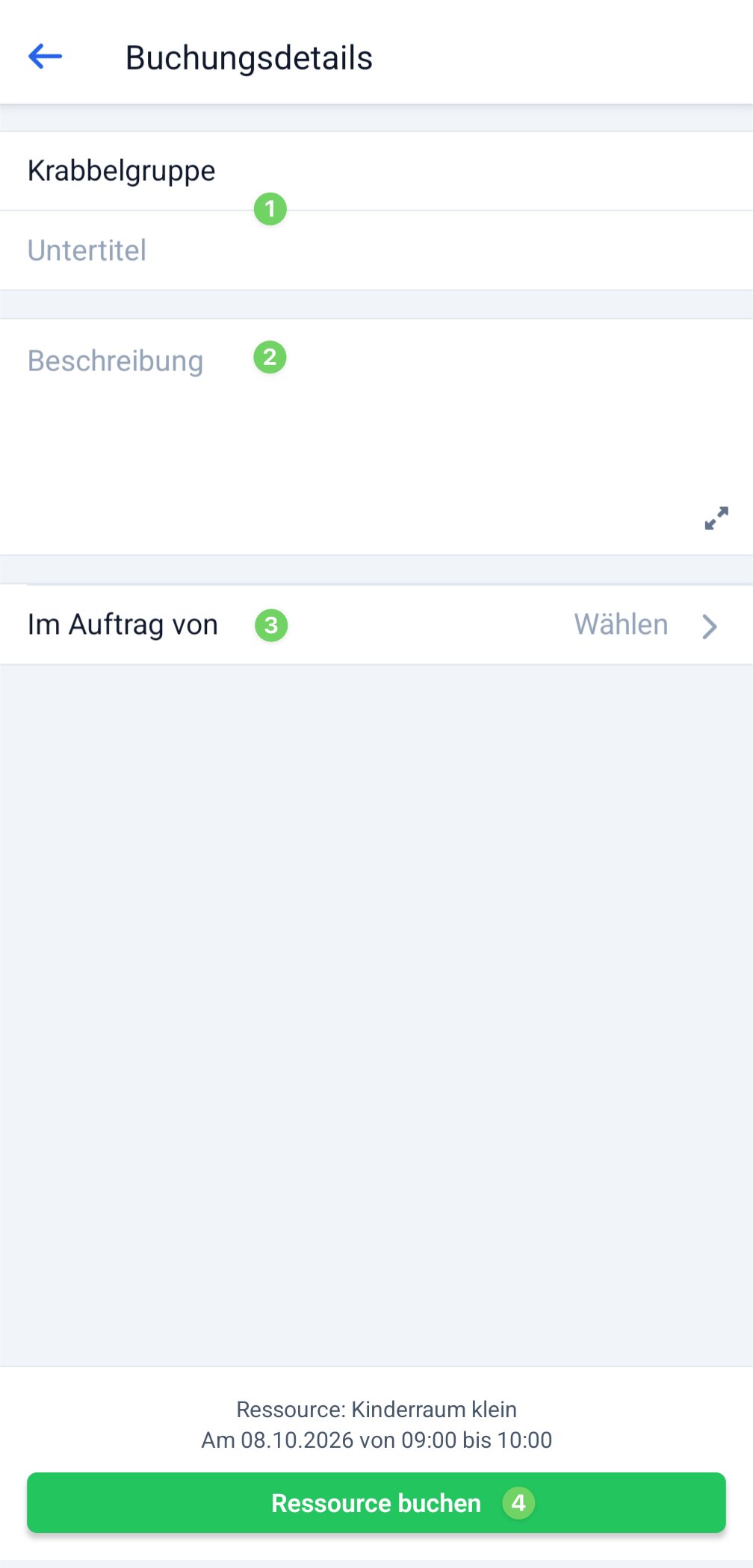 Screenshot Buchungsdetails eintragen und Ressourcenanfrage abschließen