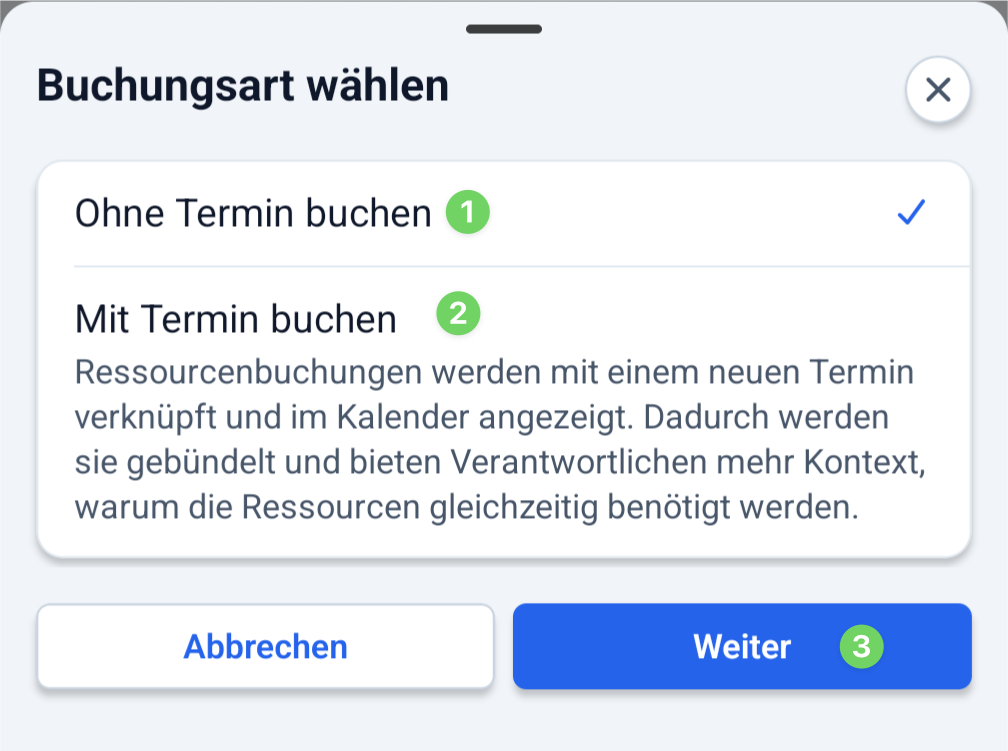 Screenshot Buchungsart wählen