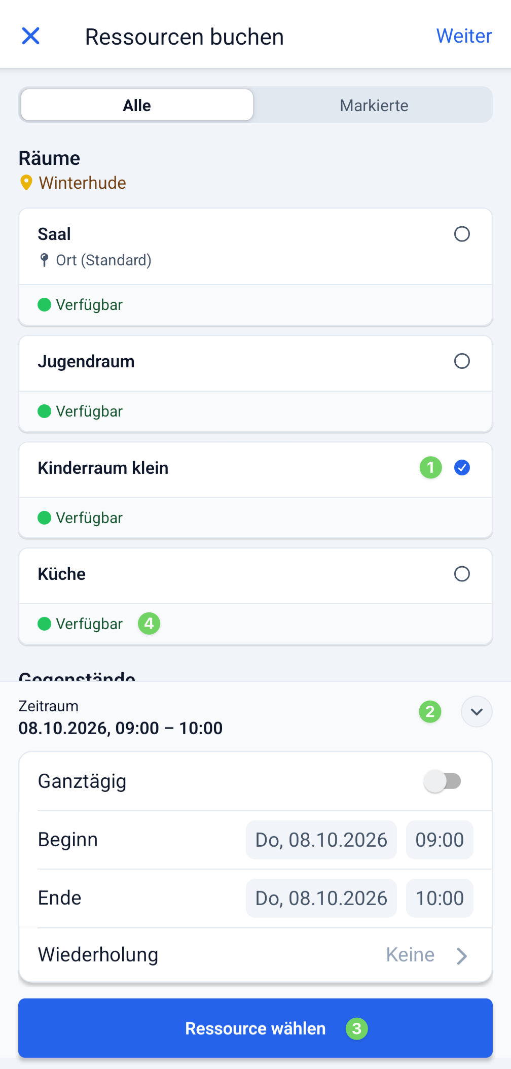 Screenshot Ressourcen auswählen und Zeitraum festlegen
