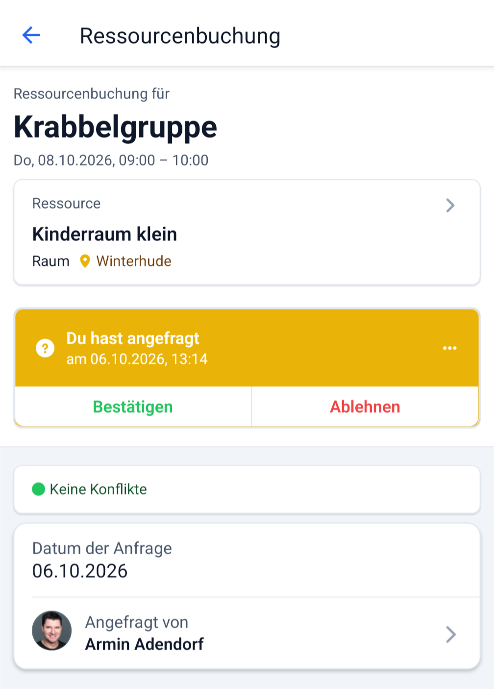 Screenshot Buchungsübersicht mit Status der Anfrage
